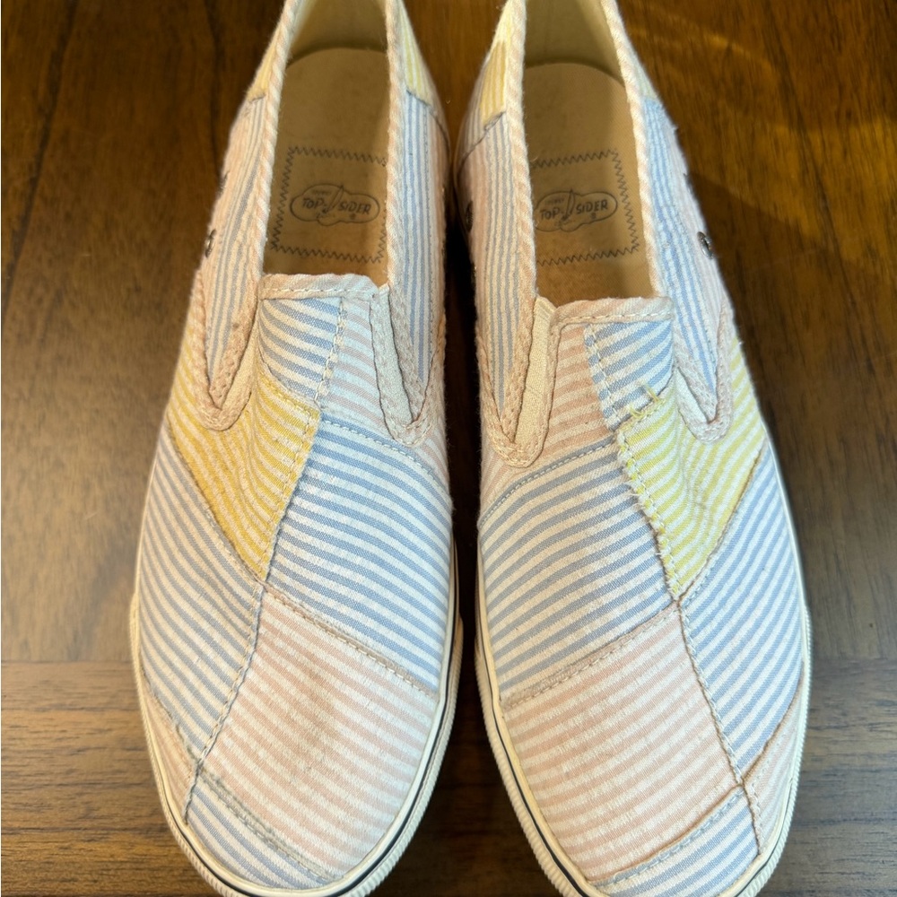 Sperry seersucker Pastel Patchwork Slip-On Sneakers in Blue, Pink, Yellow